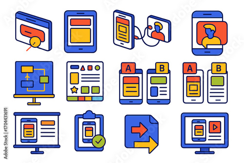 Prototyping Tools Collection. Isometric vector illustration set Prototyping tools: clickable prototype screen, mockup on device,