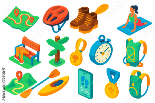 Outdoor Fitness Icons. Isometric vector illustration set Outdoor fitness activities: running path map, cycling helmet, hiking
