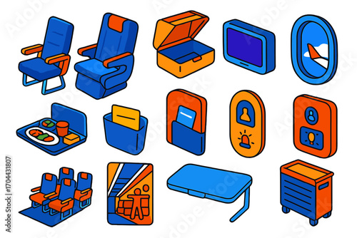 Airplane Interior Icons. Isometric vector illustration set Airplane interiors: economy class seat, business class seat, in-flight