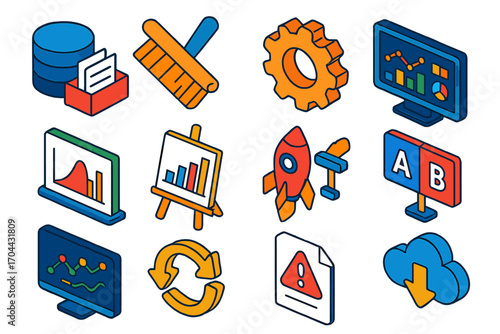 Data Science Workflow. Isometric vector illustration set Data science workflow: data collection icon, data cleaning brush, feature