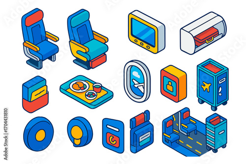 Airplane Interior Icons. Isometric vector illustration set Airplane interiors: economy class seat, business class seat, in-flight