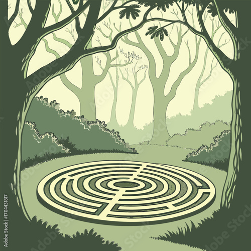 Forest maze entrance framed by trees labyrinth nature