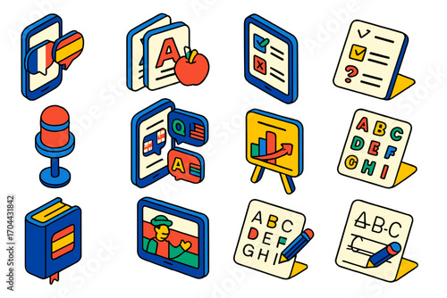 Language Learning Icons. Isometric vector illustration set Language learning: translation app, vocabulary flashcards,
