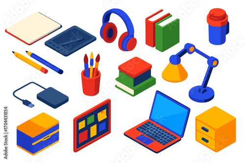 Creative Workspace Essentials. Isometric vector illustration set Creative workspace: sketchbook, tablet with stylus,