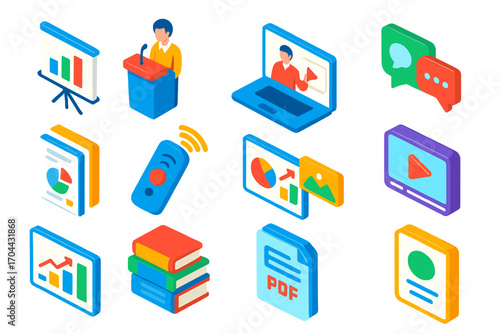 Vibrant Isometric Presentation Icons. Isometric vector illustration set Presentation and sharing: slideshow icon, presenter podium