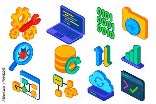 Tech Tools Icons. Isometric vector illustration set bug fixing and development tools: gear network with fix icon, code lines on