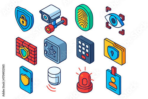 Security Icon Set. Isometric vector illustration set security: shield with lock hole, camera with spotlight, fingerprint reader,
