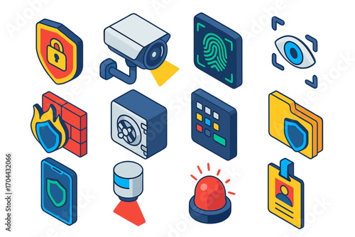 Security Icon Set. Isometric vector illustration set security: shield with lock hole, camera with spotlight, fingerprint reader,