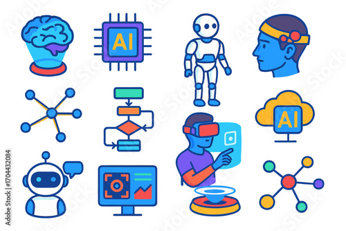 AI Technology Illustration. Isometric vector illustration set artificial intelligence and brainwave technology: brain hologram