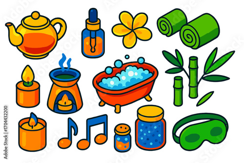 Wellness Relaxation Icons. Isometric vector illustration set relaxation icons for wellness: teapot with herbal infusion, oil
