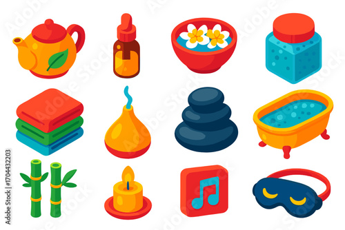 Relaxation Icons Set. Isometric vector illustration set relaxation icons for wellness: herbal infusion kettle, oil dropper bottle,