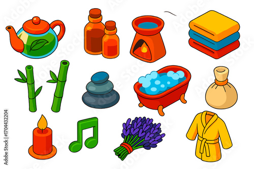 Relaxation Wellness Icons. Isometric vector illustration set relaxation icons for wellness: herbal tea pot, oil bottles, aroma