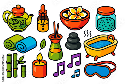 Wellness Icon Set. Isometric vector illustration set relaxation icons for wellness: herbal infusion pot, oil dropper bottle,