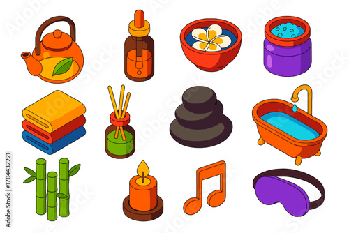 Relaxation Icons Set. Isometric vector illustration set relaxation icons for wellness: herbal infusion kettle, oil dropper bottle,