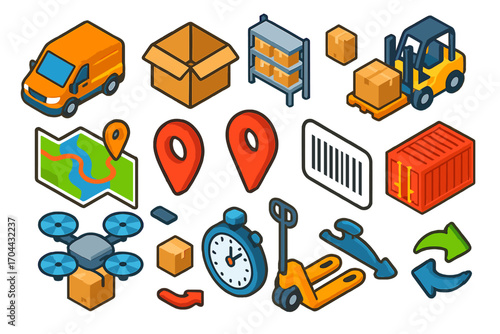 Logistics Vector Elements. Isometric vector illustration set logistics and delivery: express van, open parcel box, warehouse
