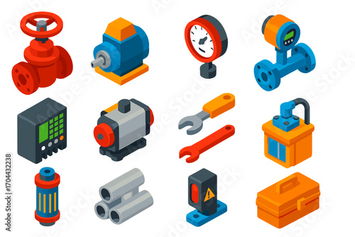 Industrial Automation Icons. Isometric vector illustration set industrial automation: gate valve, hydraulic pump, analog pressure