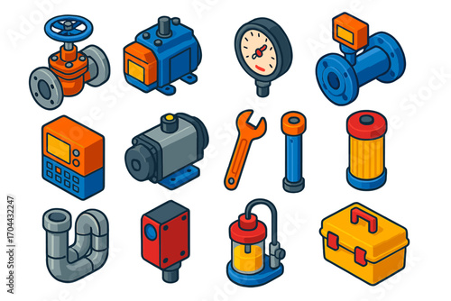Industrial Automation Icons. Isometric vector illustration set industrial automation: gate valve, hydraulic pump, analog pressure