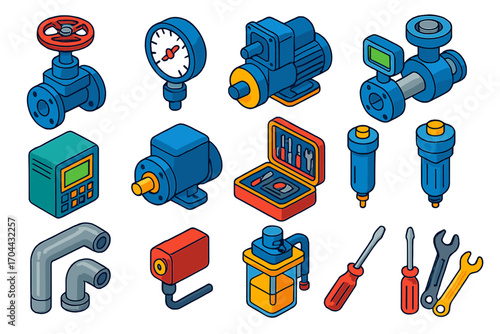 Industrial Automation Icons. Isometric vector illustration set industrial automation: gate valve, pressure gauge, hydraulic pump,