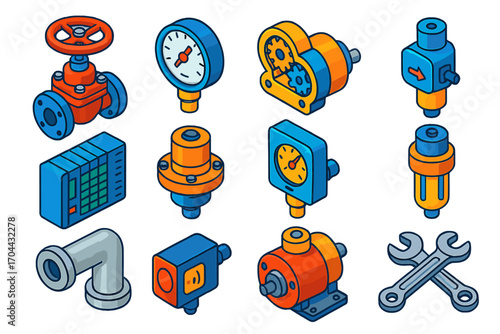 Industrial Automation Icons. Isometric vector illustration set industrial automation: gate valve, mechanical pressure gauge, gear