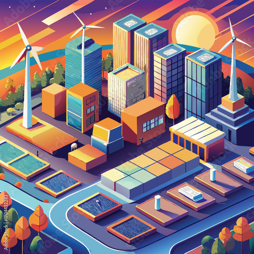 Futuristic city with renewable energy sources at sunset