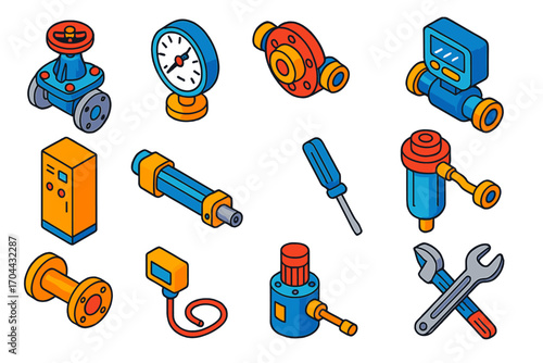 Industrial Automation Icons. Isometric vector illustration set industrial automation: diaphragm valve, analog pressure dial,