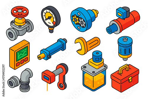 Industrial Automation Icons. Isometric vector illustration set industrial automation: diaphragm valve, analog pressure gauge, gear