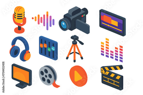 Vibrant Multimedia Icons. Isometric vector illustration set multimedia icons for recording and editing: ribbon microphone, wave