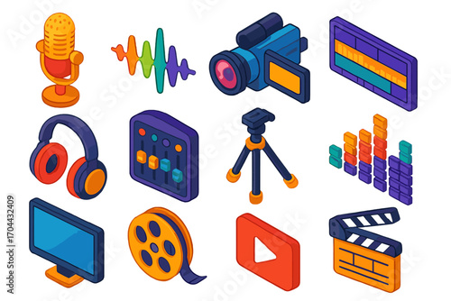 Vibrant Multimedia Icons. Isometric vector illustration set multimedia icons for recording and editing: ribbon microphone, wave
