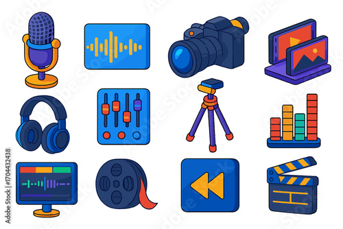Multimedia Editing Icons. Isometric vector illustration set multimedia icons for recording and editing: podcasting mic, voice