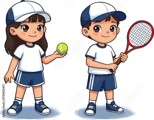 Children, tennis, cartoon, sport, racket, ball, uniform, active, play, fun, white, blue, cap, sneakers, shorts, teamwork, outdoor, athlete, illustration, game