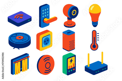 Smart Home Icons. Isometric vector illustration set smart home icons: smart hub, door lock keypad, indoor security camera, smart