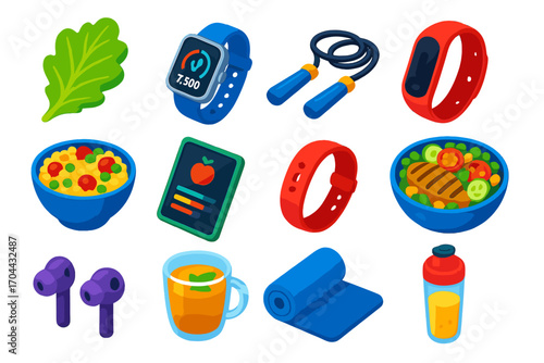 Health and Fitness Icons. Isometric vector illustration set food, technology, and health themes: lettuce leaf, smartwatch with