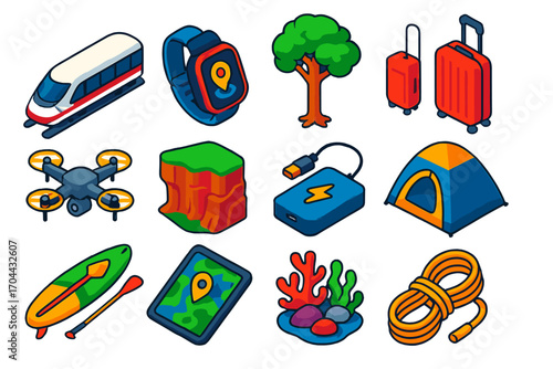 Travel Adventure Icons. Isometric vector illustration set travel, technology, and nature themes: train, GPS smartwatch, rainforest