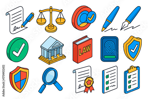 Legal Compliance Icons. Isometric vector illustration set legal and compliance icons: contract page and pen, symbolic law scales,