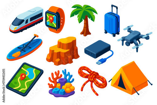 Travel Adventure Icons. Isometric vector illustration set travel, technology, and nature themes: train, GPS smartwatch, rainforest