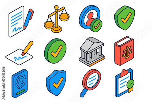 Legal Compliance Icons. Isometric vector illustration set legal and compliance icons: contract page and pen, symbolic law scales,