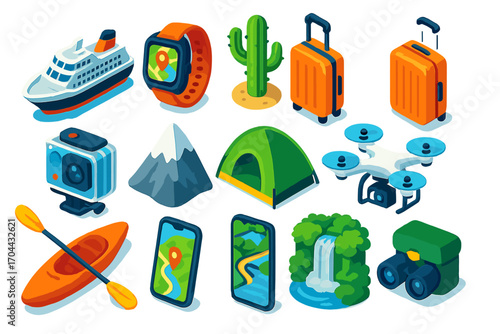 Travel Tech Icons. Isometric vector illustration set travel, technology, and nature themes: cruise liner, GPS tracking watch,