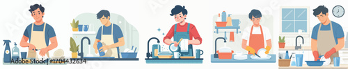 vector of a young man washing dishes