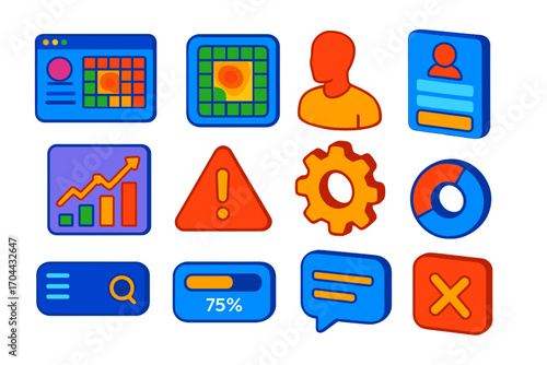 Colorful UI Elements. Isometric vector illustration set user interface elements with heatmap and profile design: user dashboard