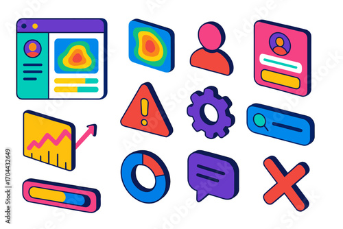 Colorful UI Elements. Isometric vector illustration set user interface elements with heatmap and profile design: user dashboard