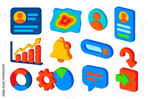 Vibrant UI Elements. Isometric vector illustration set user interface elements with heatmap and profile design: profile preview