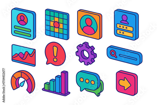 Vibrant UI Icons Set. Isometric vector illustration set user interface elements with heatmap and profile design: editable user