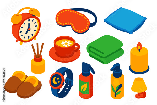 Sleep Essentials Icons. Isometric vector illustration set sleep and wellness icons featuring alarm clock and night mask: