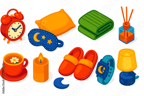 Sleep Essentials Icons. Isometric vector illustration set sleep and wellness icons featuring alarm clock and night mask: