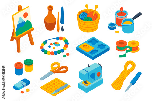 Artistic Workshop Elements. Isometric vector illustration set Art and wellness workshop: easel with painting, pottery tools,