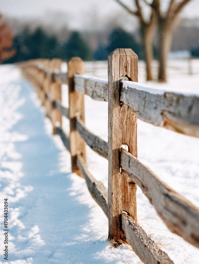 Fototapeta premium Winter Landscape Featuring a Rustic Wooden Fence Lined Along a Snowy Path in a Serene Outdoor Setting
