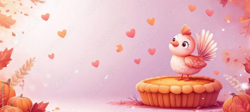 Naklejka premium Cute bird on pie with hearts and autumn leaves background