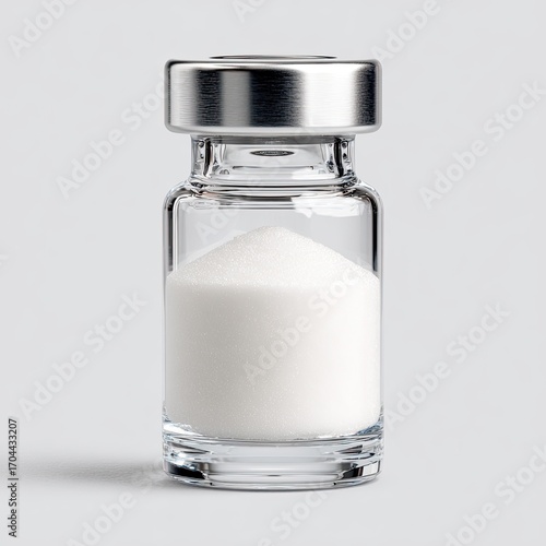 A clear glass vial with a metallic cap contains a white powder against a neutral gray background.  The image is clean and well-lit, showcasing the vial's contents