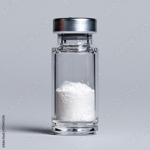 A clear glass vial with a silver cap contains a small amount of white powder against a gray background.  The vial is cylindrical and sits upright