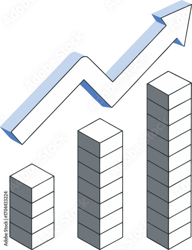 Isometric bar chart with upward trend arrow showing business growth and financial success